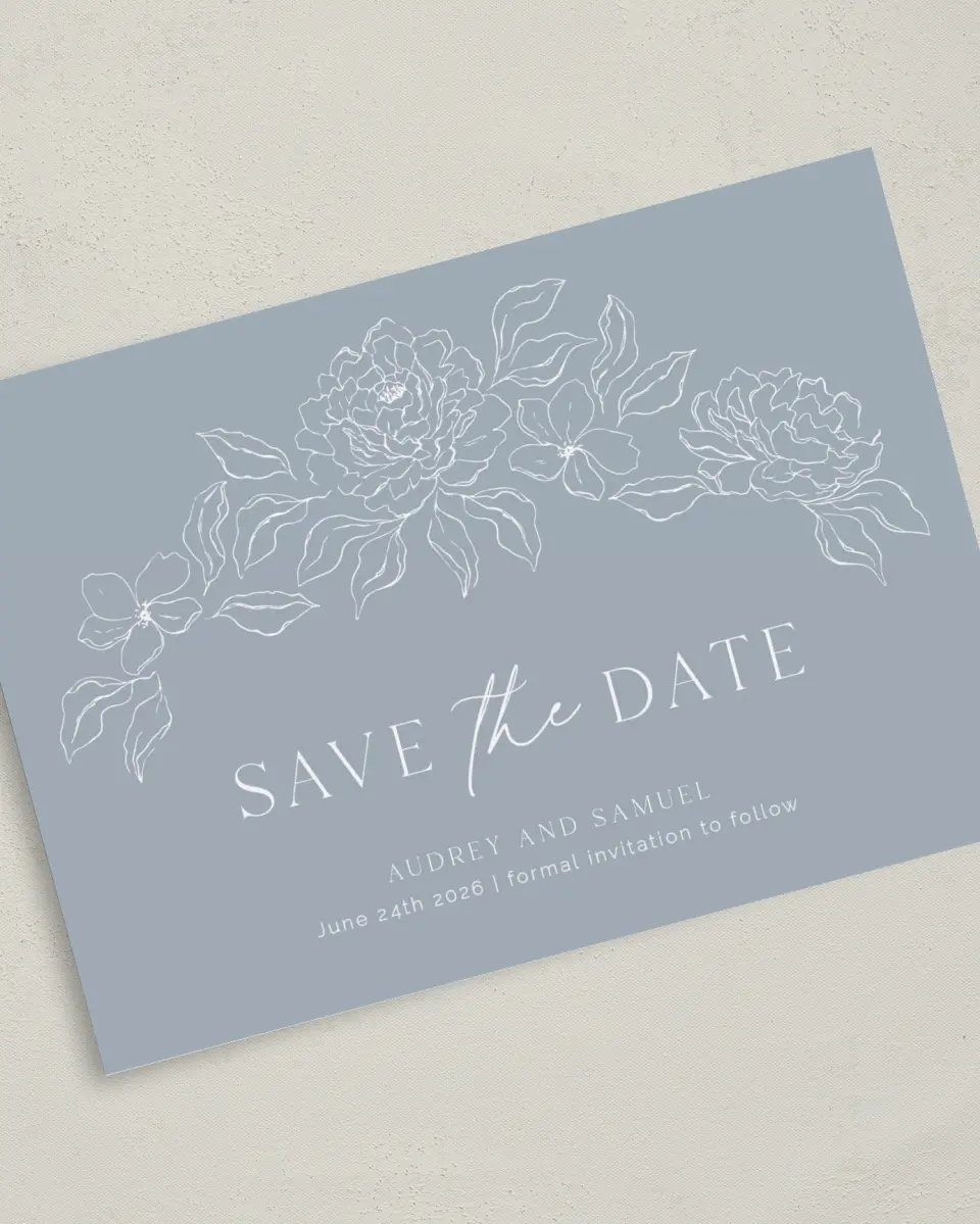 This is a 5" x 7" Save the Date Card called Graceful Petals printed in full color on Premium Smooth paper
