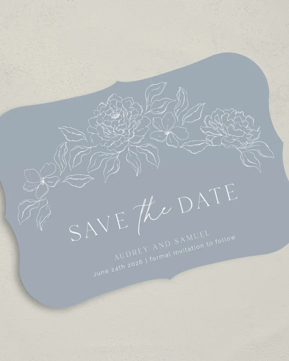This is a 5" x 7" Save the Date Card called Graceful Petals printed in full color on Premium Smooth paper