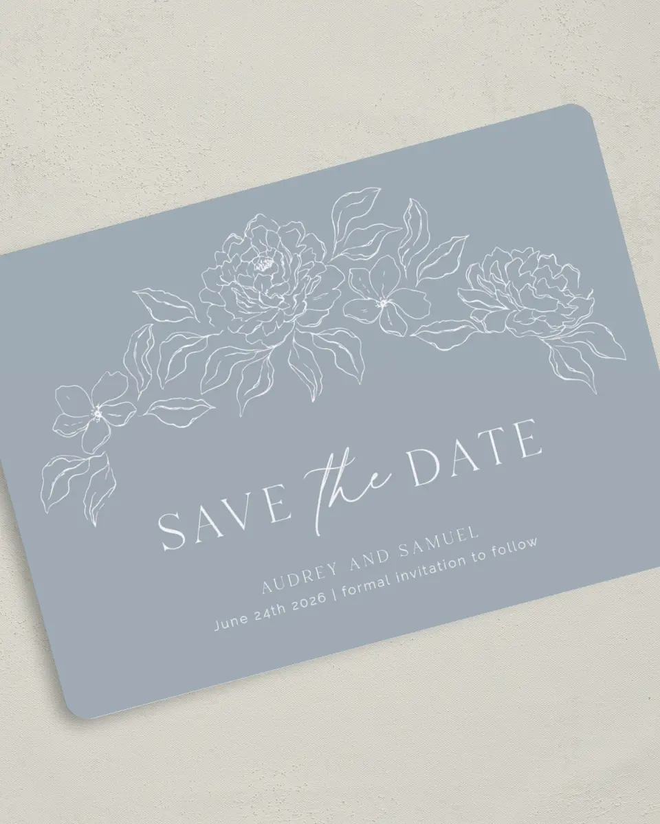 This is a 5" x 7" Save the Date Card called Graceful Petals printed in full color on Premium Smooth paper