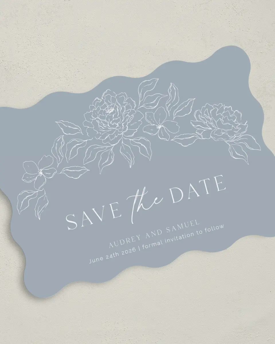 This is a 5" x 7" Save the Date Card called Graceful Petals printed in full color on Premium Smooth paper