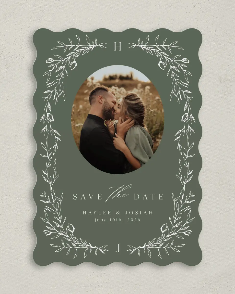 This is a 5" x 7" Save the Date Card called Flourishing Frame printed in full color on Premium Smooth paper