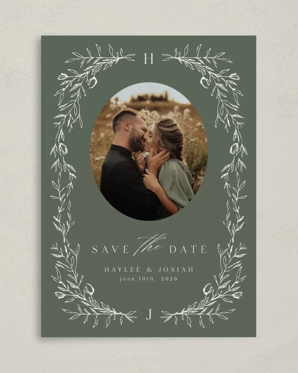 This is a 5" x 7" Save the Date Card called Flourishing Frame printed in full color on Premium Smooth paper