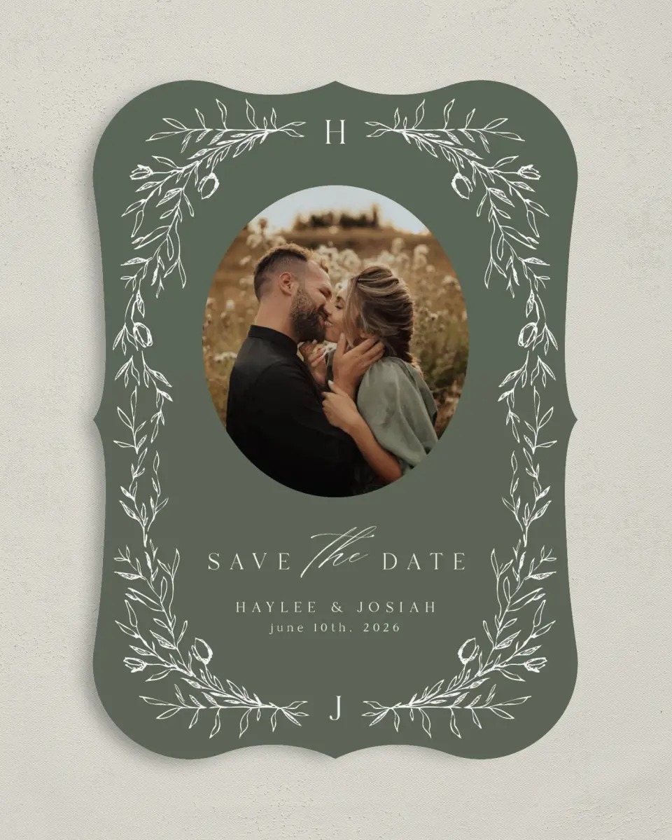 This is a 5" x 7" Save the Date Card called Flourishing Frame printed in full color on Premium Smooth paper