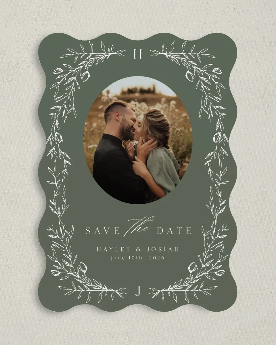 This is a 5" x 7" Save the Date Card called Flourishing Frame printed in full color on Premium Smooth paper