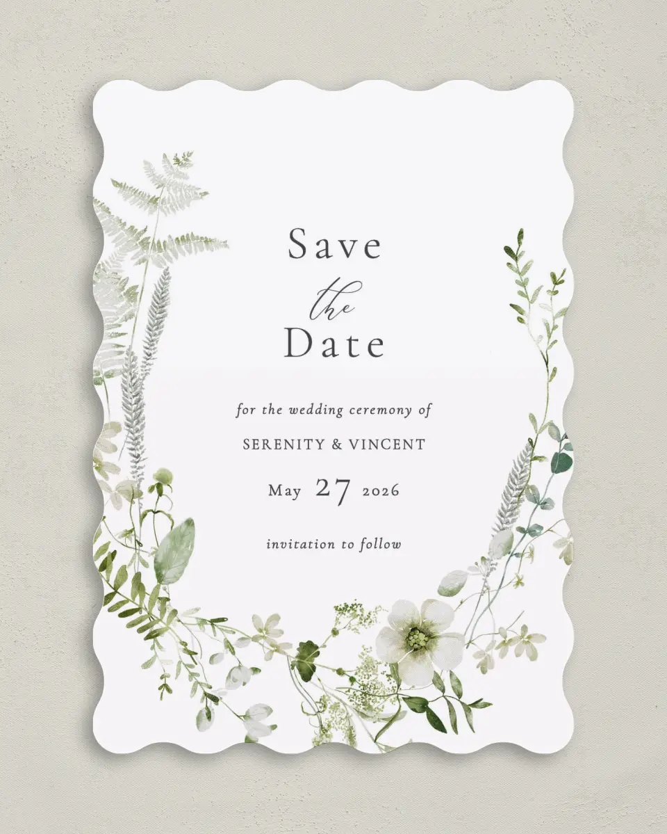 This is a 5" x 7" Save the Date Card called Graceful Greenery printed in full color on Premium Smooth paper
