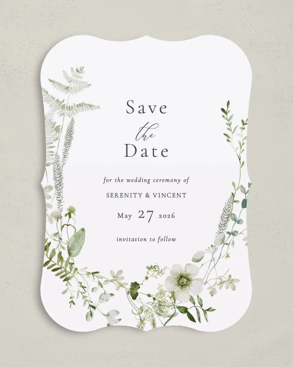 This is a 5" x 7" Save the Date Card called Graceful Greenery printed in full color on Premium Smooth paper