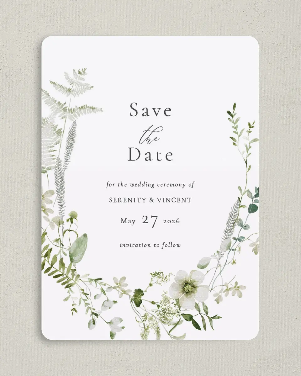 This is a 5" x 7" Save the Date Card called Graceful Greenery printed in full color on Premium Smooth paper