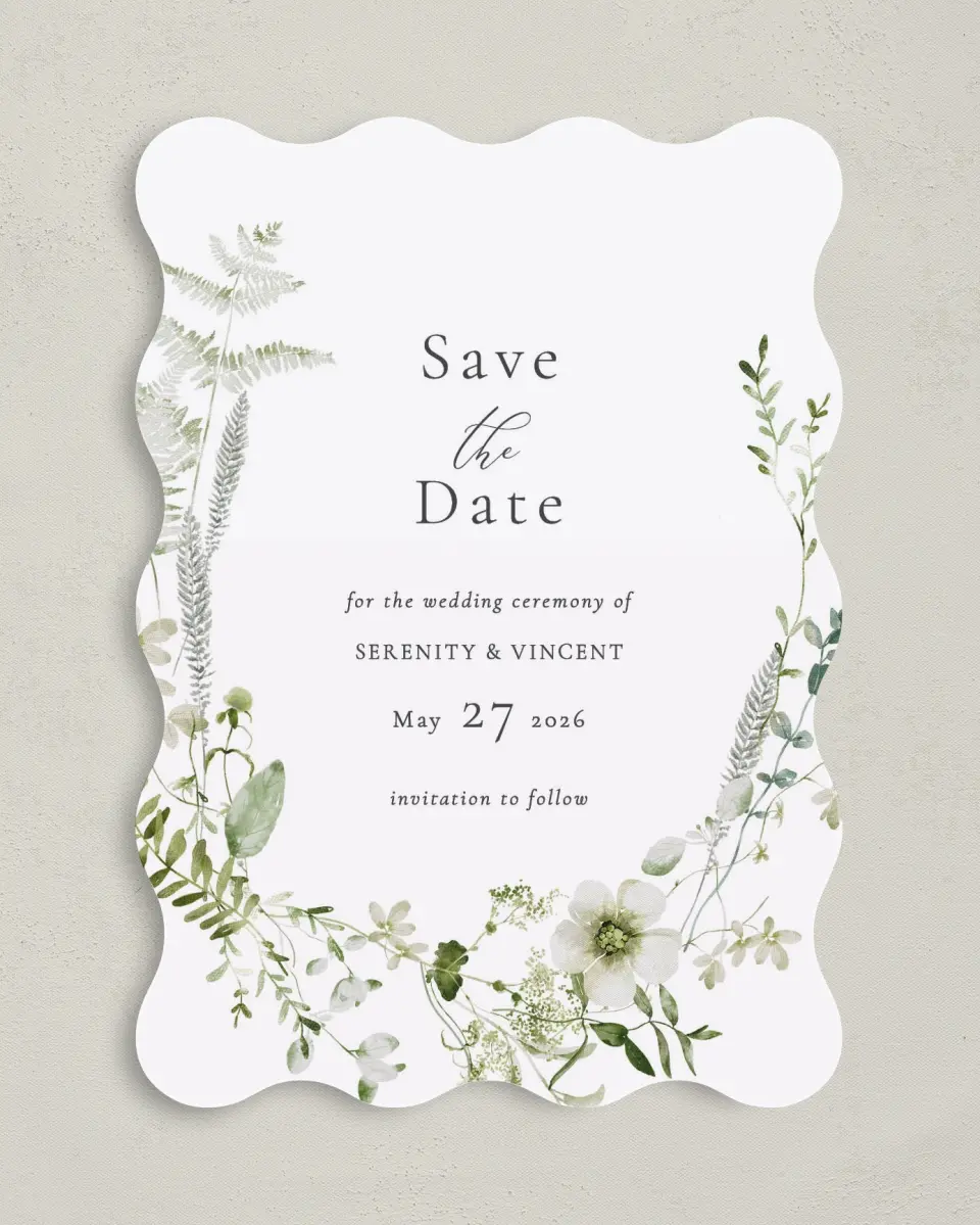 This is a 5" x 7" Save the Date Card called Graceful Greenery printed in full color on Premium Smooth paper