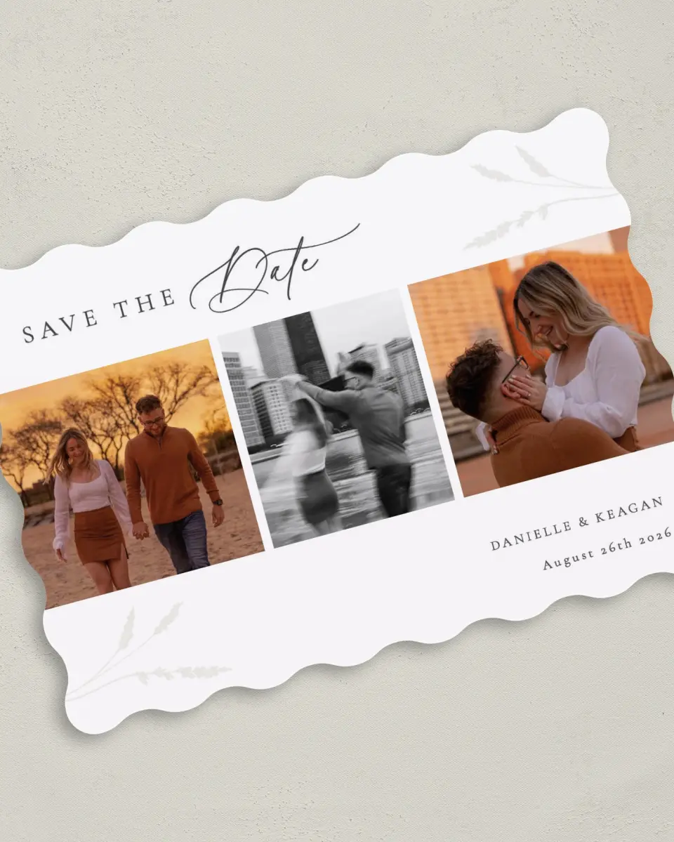 This is a 5" x 7" Save the Date Card called Wild Devotion printed in full color on Premium Smooth paper