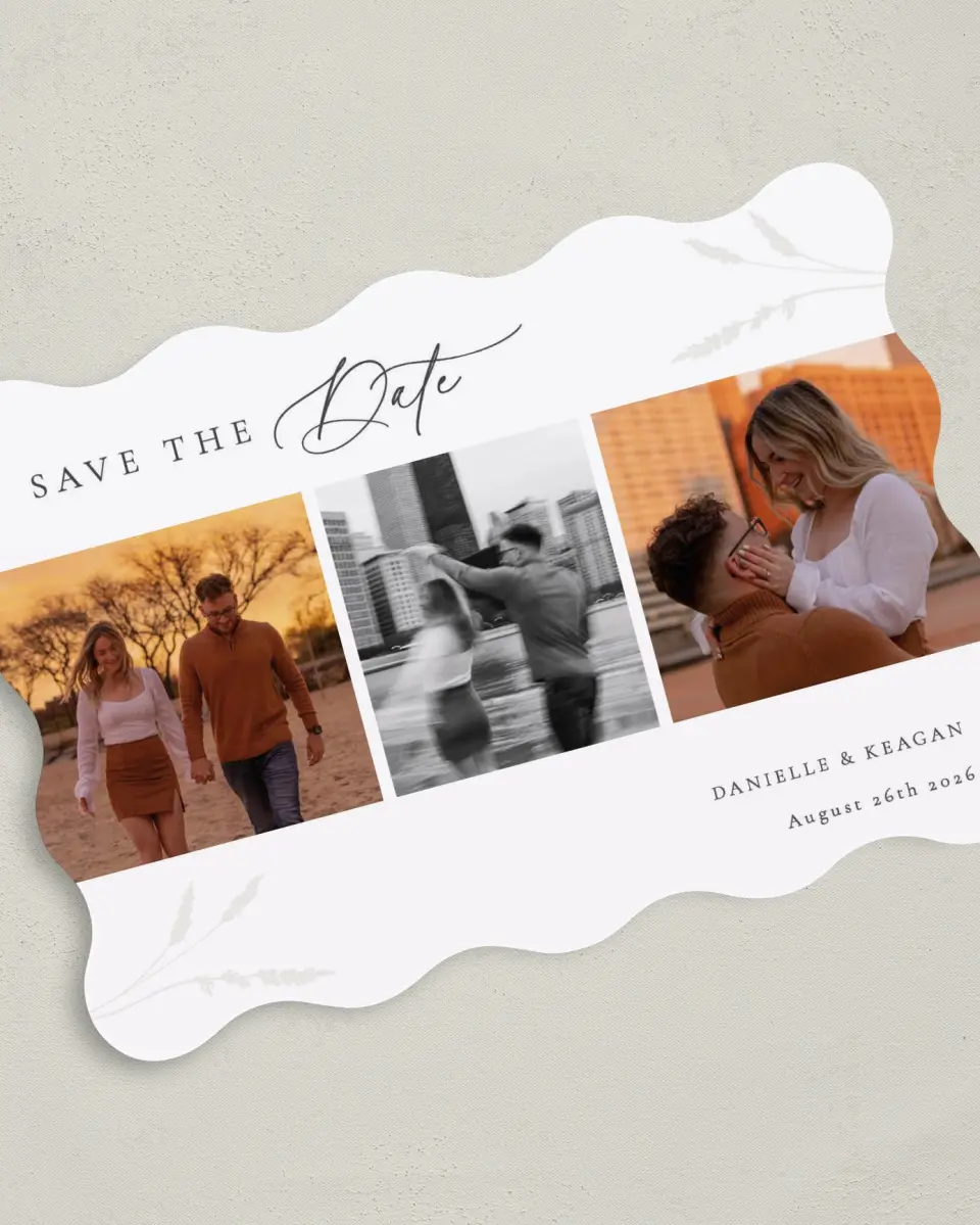 This is a 5" x 7" Save the Date Card called Wild Devotion printed in full color on Premium Smooth paper