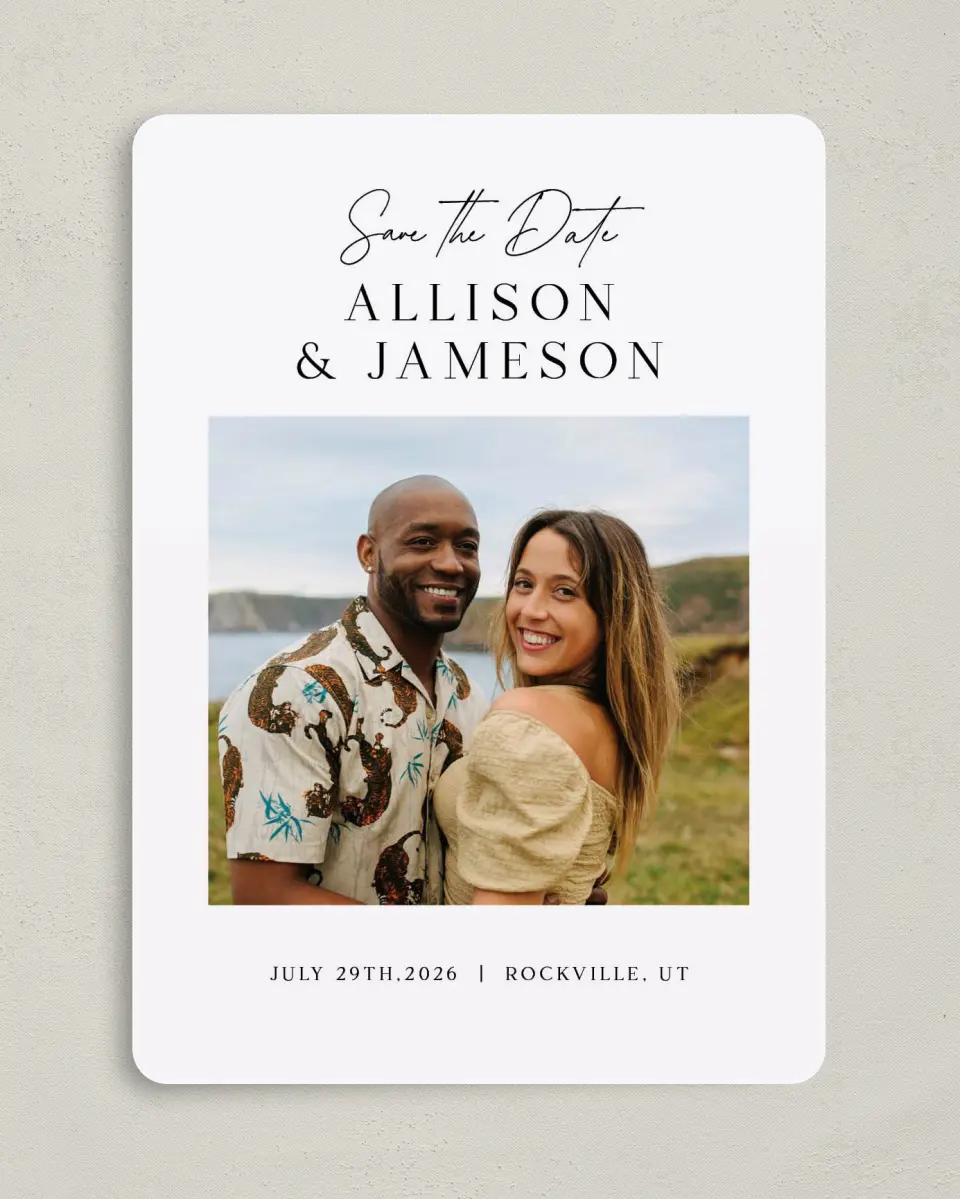 This is a 5" x 7" Save the Date Card called Simple Signature printed in full color on Premium Smooth paper