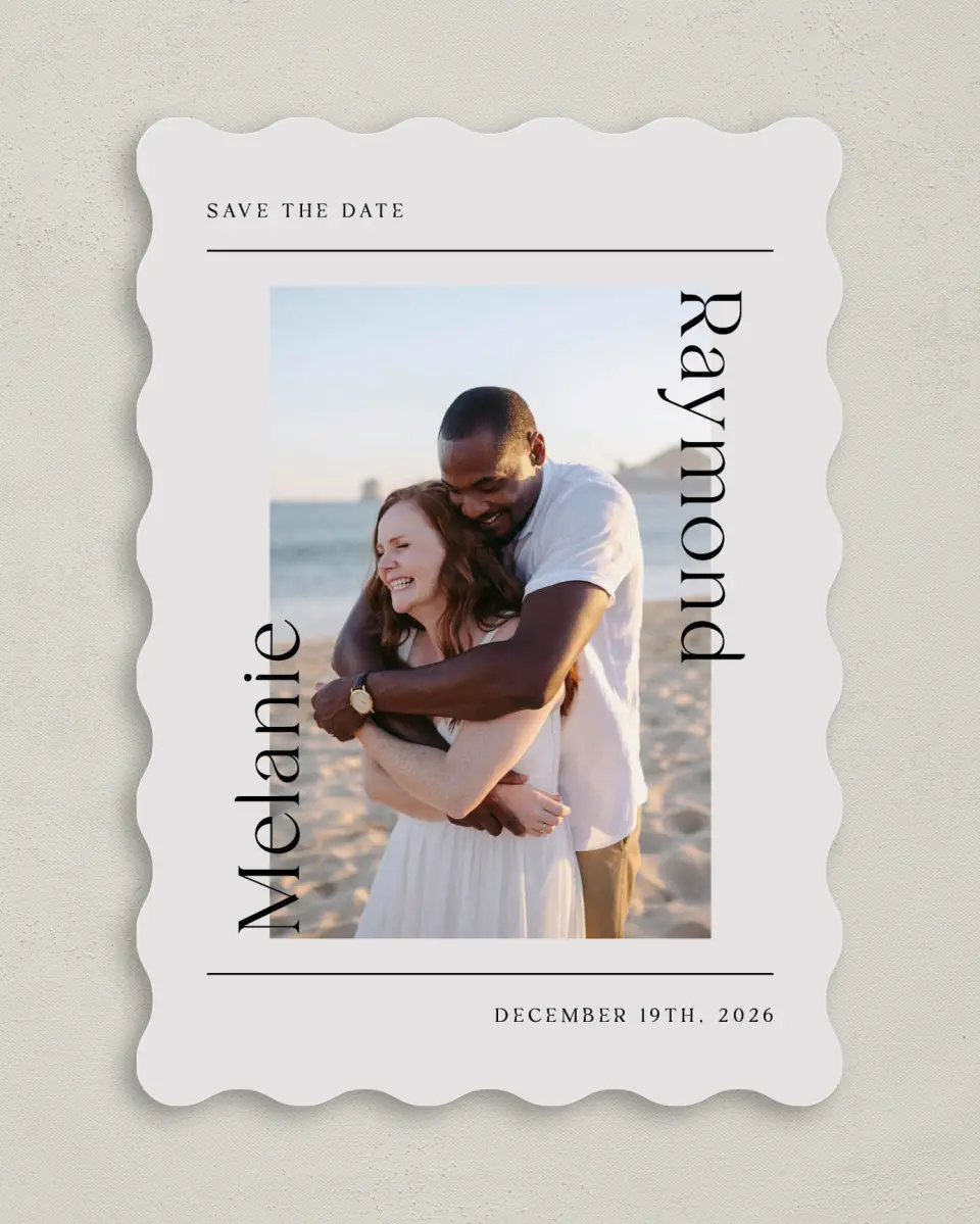 This is a 5" x 7" Save the Date Card called Styled Lines printed in full color on Premium Smooth paper