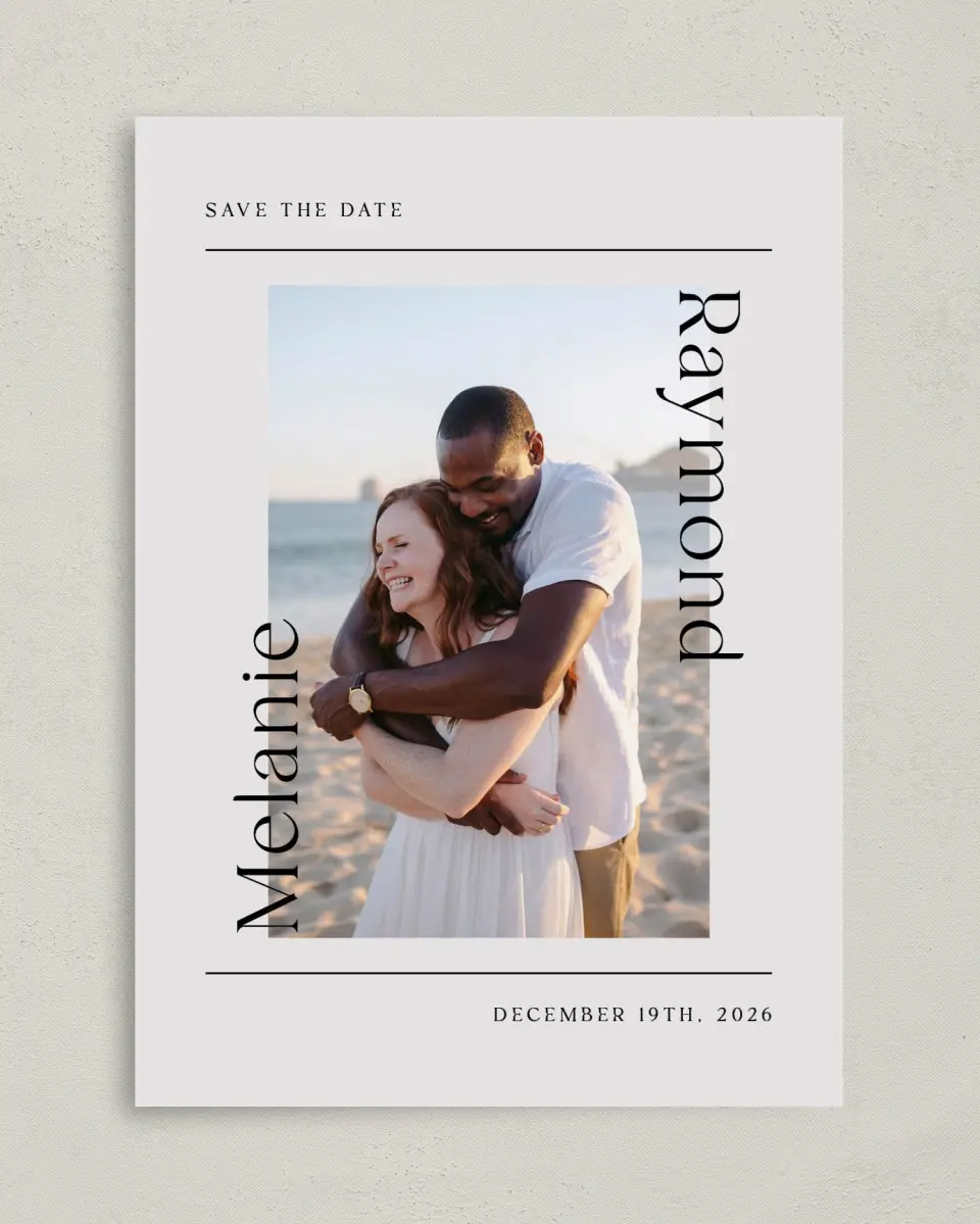 This is a 5" x 7" Save the Date Card called Styled Lines printed in full color on Premium Smooth paper
