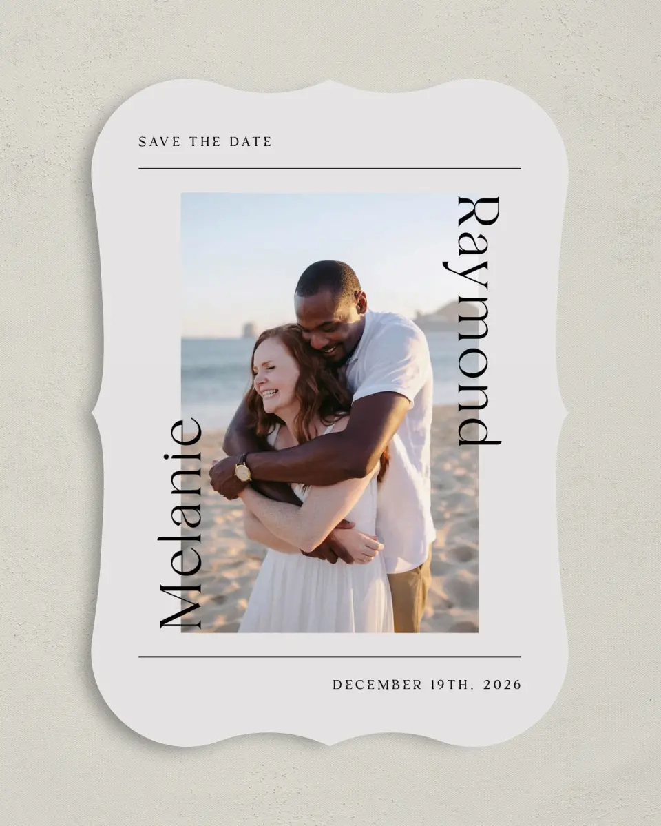 This is a 5" x 7" Save the Date Card called Styled Lines printed in full color on Premium Smooth paper