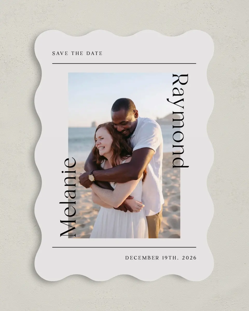 This is a 5" x 7" Save the Date Card called Styled Lines printed in full color on Premium Smooth paper