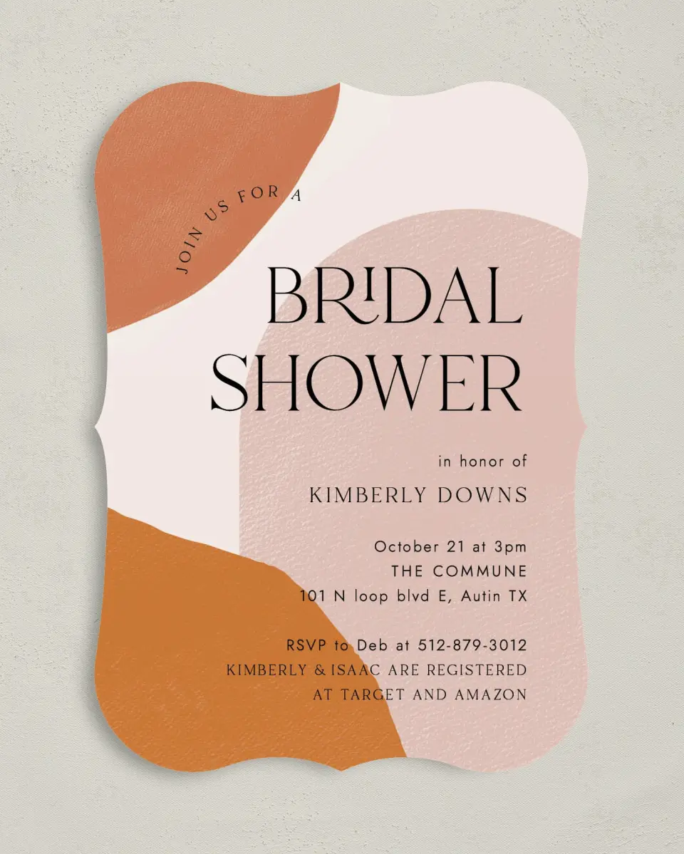 This is a 5" x 7" Bridal Shower Invitation called Shower Shapes printed in full color with Rose Gold foil on Luxe Satin (coated) paper