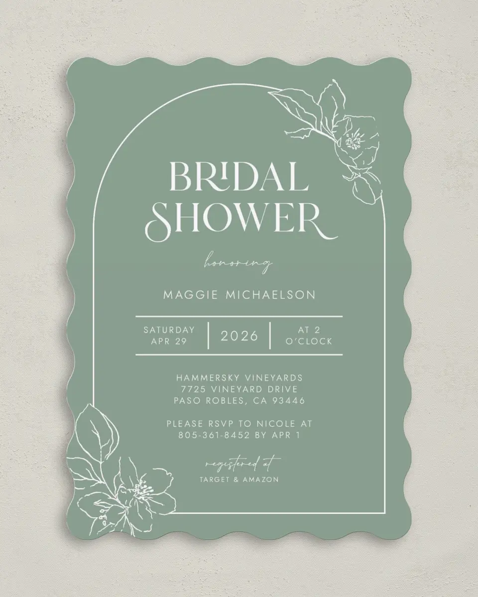 This is a 5" x 7" Bridal Shower Invitation called Joyful Blooms printed in full color with Rose Gold foil on Luxe Satin (coated) paper