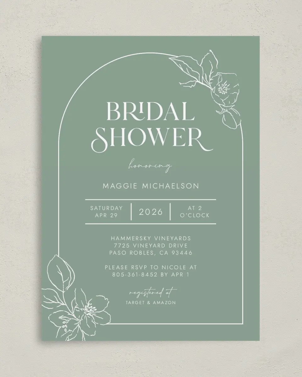This is a 5" x 7" Bridal Shower Invitation called Joyful Blooms printed in full color with Rose Gold foil on Luxe Satin (coated) paper