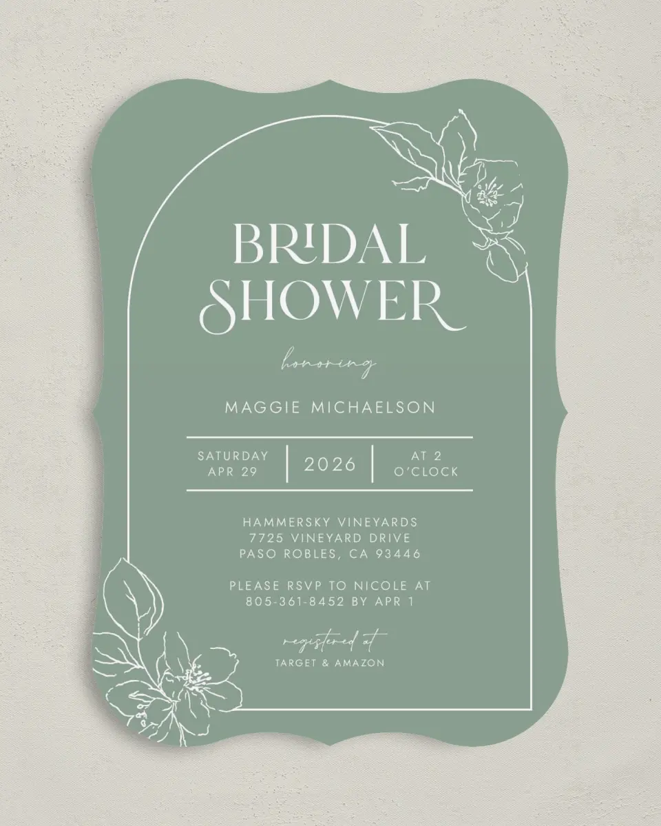This is a 5" x 7" Bridal Shower Invitation called Joyful Blooms printed in full color with Rose Gold foil on Luxe Satin (coated) paper