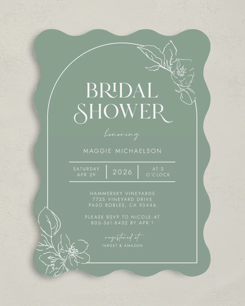 This is a 5" x 7" Bridal Shower Invitation called Joyful Blooms printed in full color with Gold foil on Luxe Satin (coated) paper