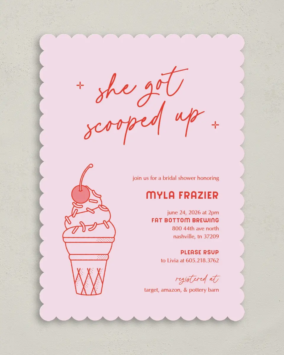 This is a 5" x 7" Bridal Shower Invitation called Scooped Up printed in full color on Premium Smooth paper