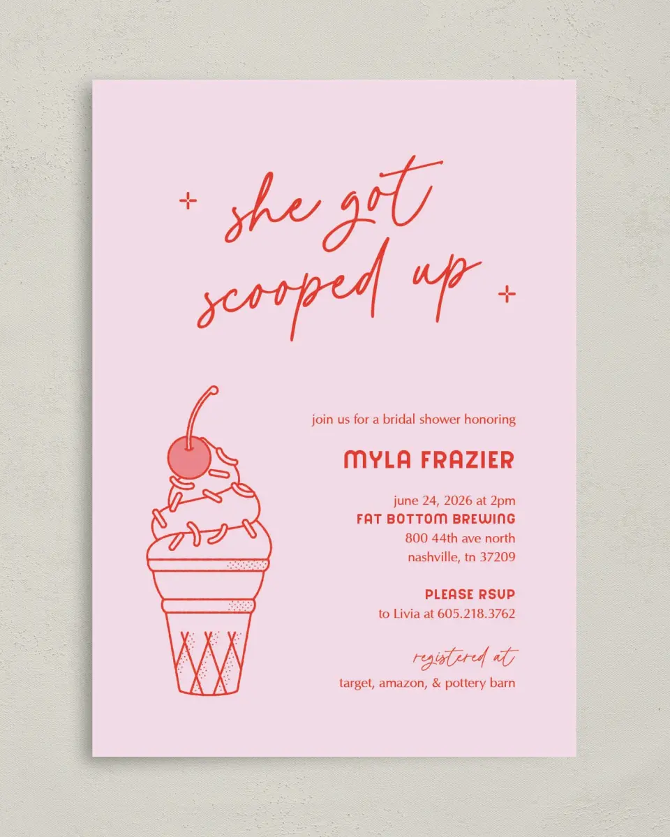 This is a 5" x 7" Bridal Shower Invitation called Scooped Up printed in full color with Gold foil on Luxe Satin (coated) paper