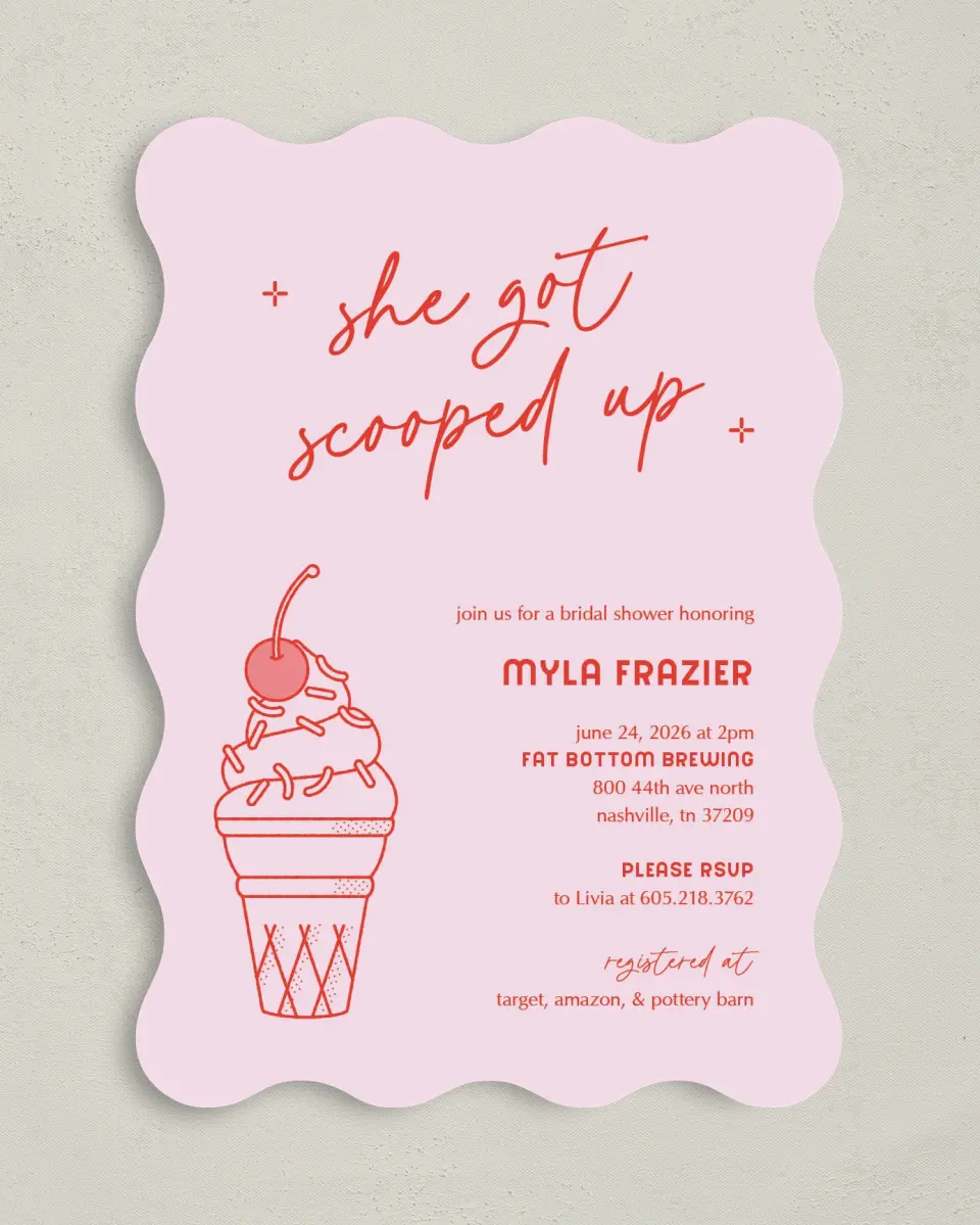This is a 5" x 7" Bridal Shower Invitation called Scooped Up printed in full color with Gold foil on Luxe Satin (coated) paper