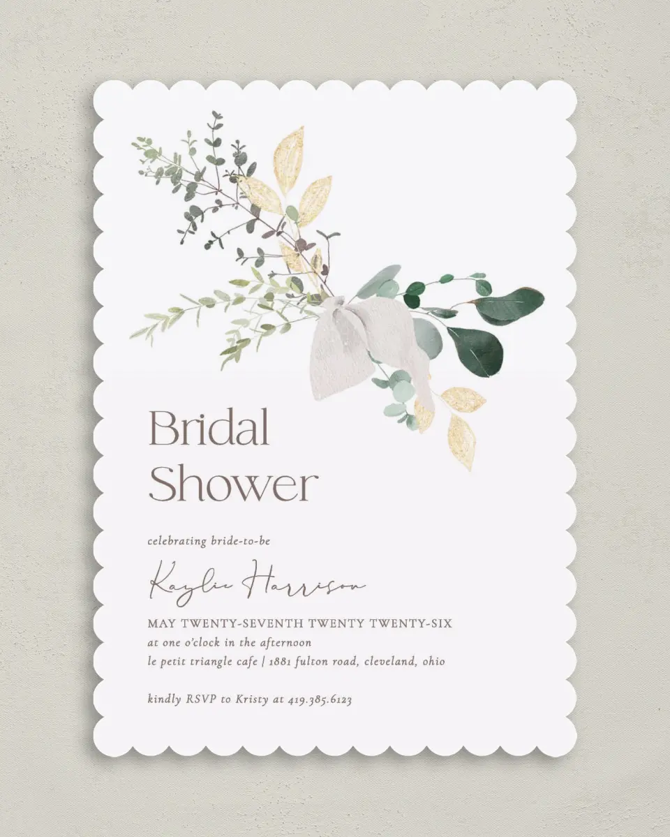 This is a 5" x 7" Bridal Shower Invitation called Botanical Bow printed in full color with Rose Gold foil on Luxe Satin (coated) paper