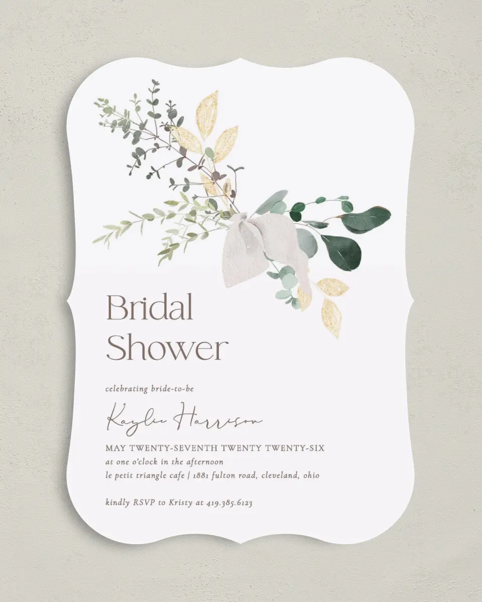 This is a 5" x 7" Bridal Shower Invitation called Botanical Bow printed in full color with Rose Gold foil on Luxe Satin (coated) paper