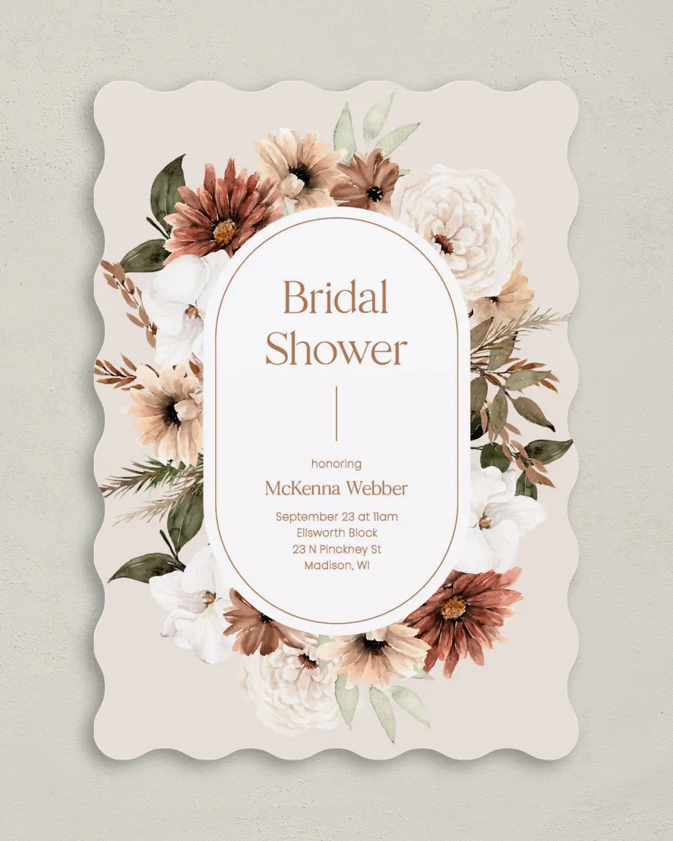 This is a 5" x 7" Bridal Shower Invitation called Blooming Love printed in full color with Rose Gold foil on Luxe Satin (coated) paper