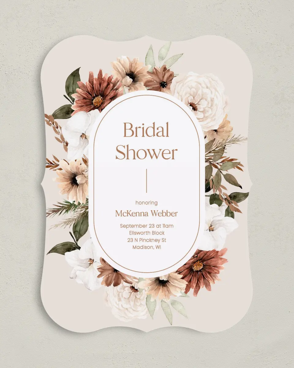This is a 5" x 7" Bridal Shower Invitation called Blooming Love printed in full color with Rose Gold foil on Luxe Satin (coated) paper