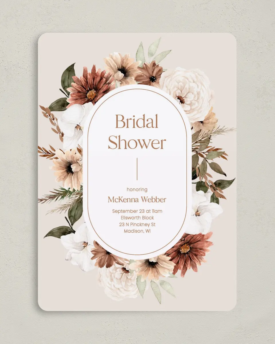 This is a 5" x 7" Bridal Shower Invitation called Blooming Love printed in full color on Premium Smooth paper
