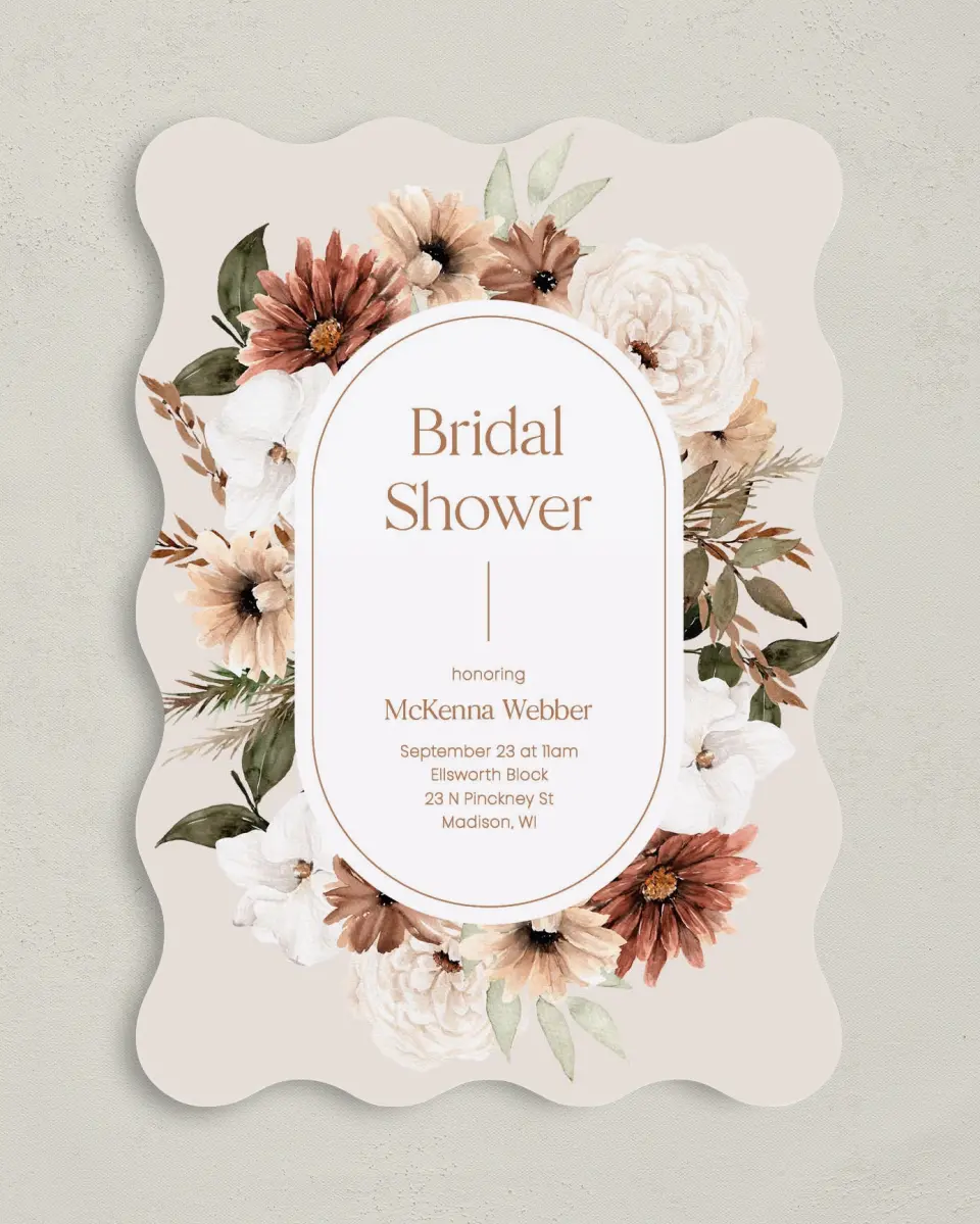 This is a 5" x 7" Bridal Shower Invitation called Blooming Love printed in full color with Rose Gold foil on Luxe Satin (coated) paper