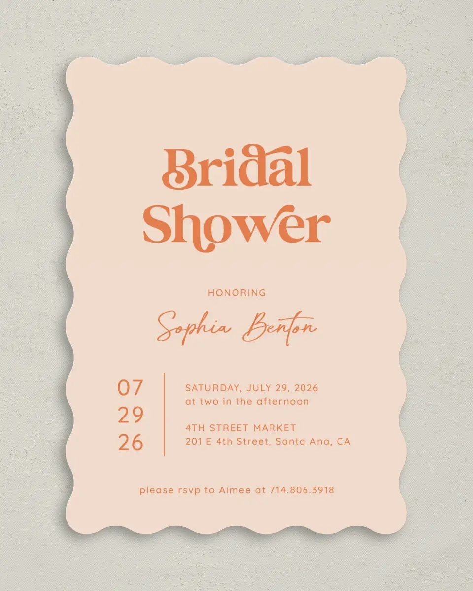 This is a 5" x 7" Bridal Shower Invitation called Funky Fun printed in full color with Rose Gold foil on Luxe Satin (coated) paper