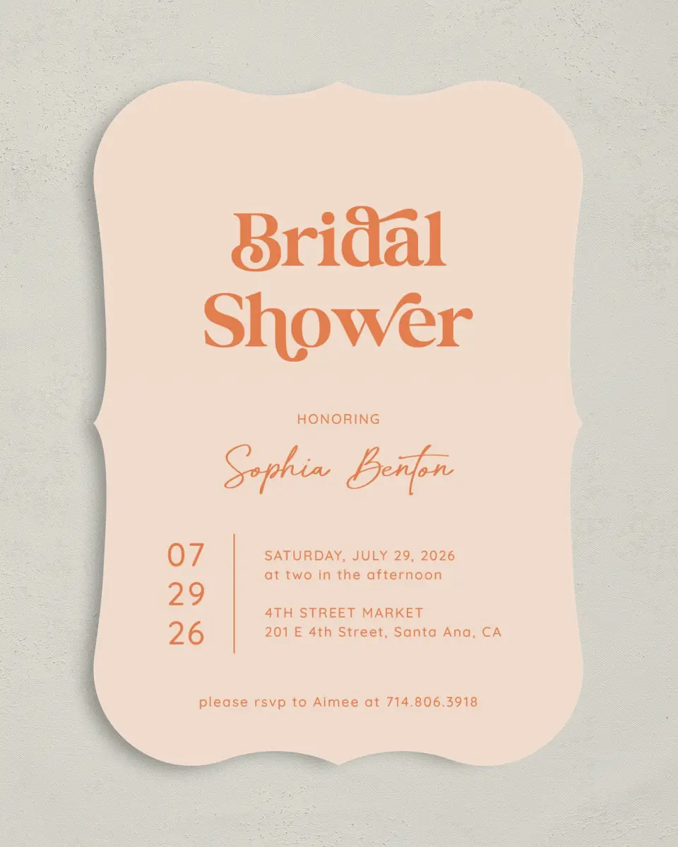 This is a 5" x 7" Bridal Shower Invitation called Funky Fun printed in full color with Rose Gold foil on Luxe Satin (coated) paper