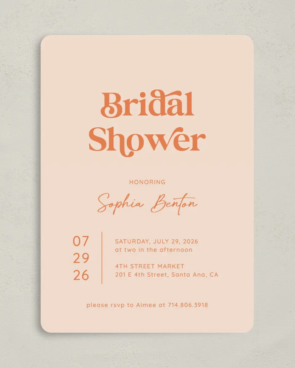 This is a 5" x 7" Bridal Shower Invitation called Funky Fun printed in full color with Rose Gold foil on Luxe Satin (coated) paper