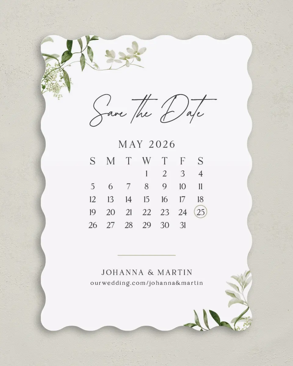 This is a 5" x 7" Save the Date Card called Botanical Date printed in full color on Premium Smooth paper