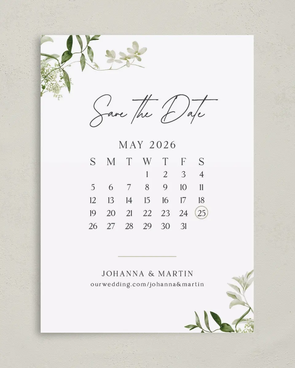This is a 5" x 7" Save the Date Card called Botanical Date printed in full color on Premium Smooth paper