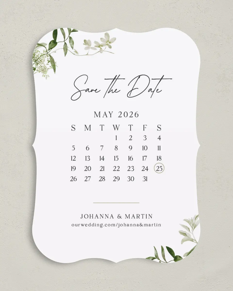 This is a 5" x 7" Save the Date Card called Botanical Date printed in full color on Premium Smooth paper