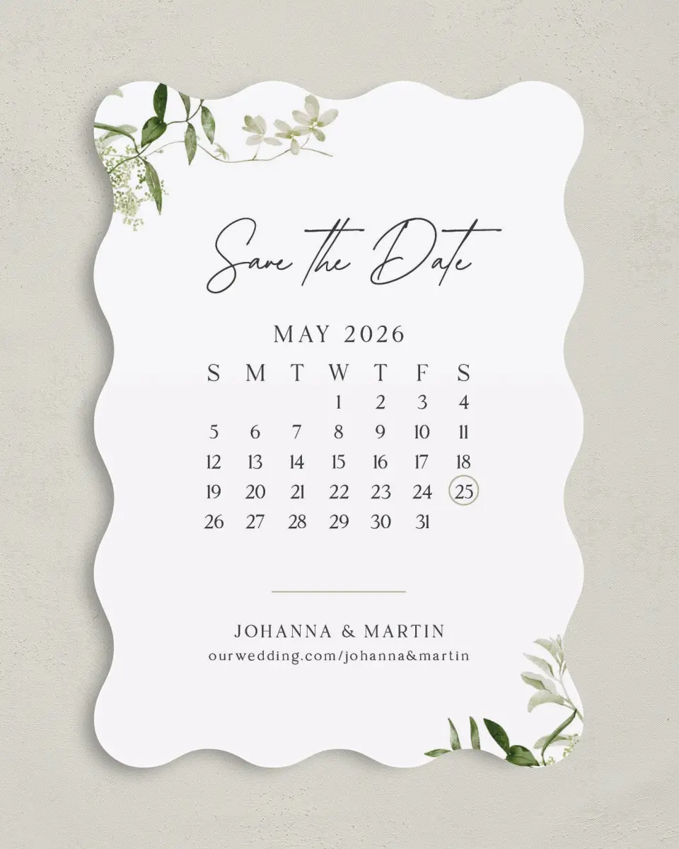 This is a 5" x 7" Save the Date Card called Botanical Date printed in full color on Premium Smooth paper