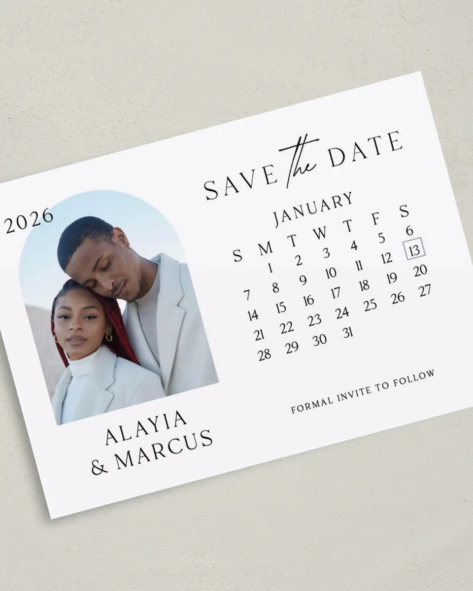 This is a 5" x 7" Save the Date Card called Clear Calendar printed in full color on Premium Smooth paper