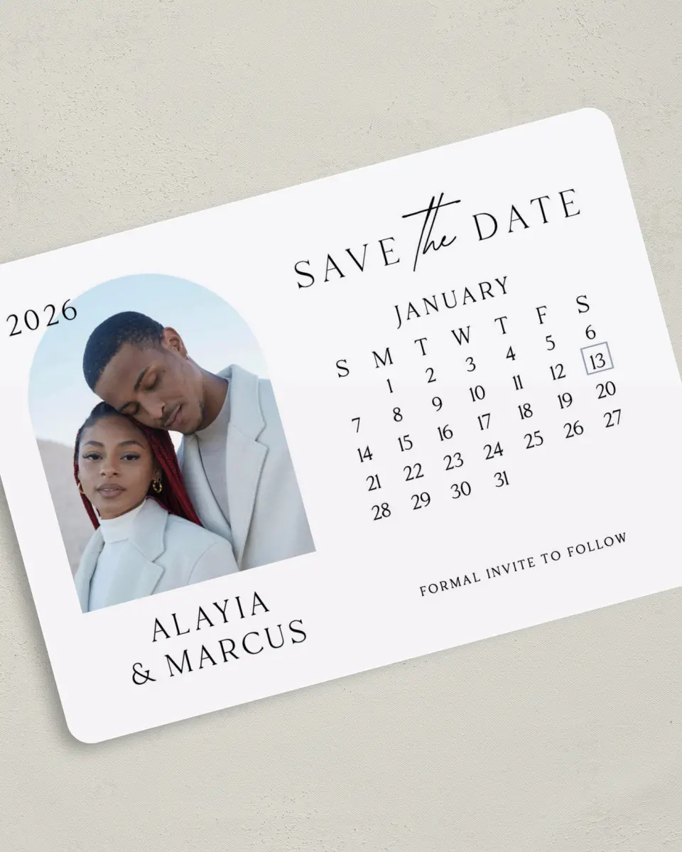 This is a 5" x 7" Save the Date Card called Clear Calendar printed in full color with Silver foil on Luxe Satin (coated) paper
