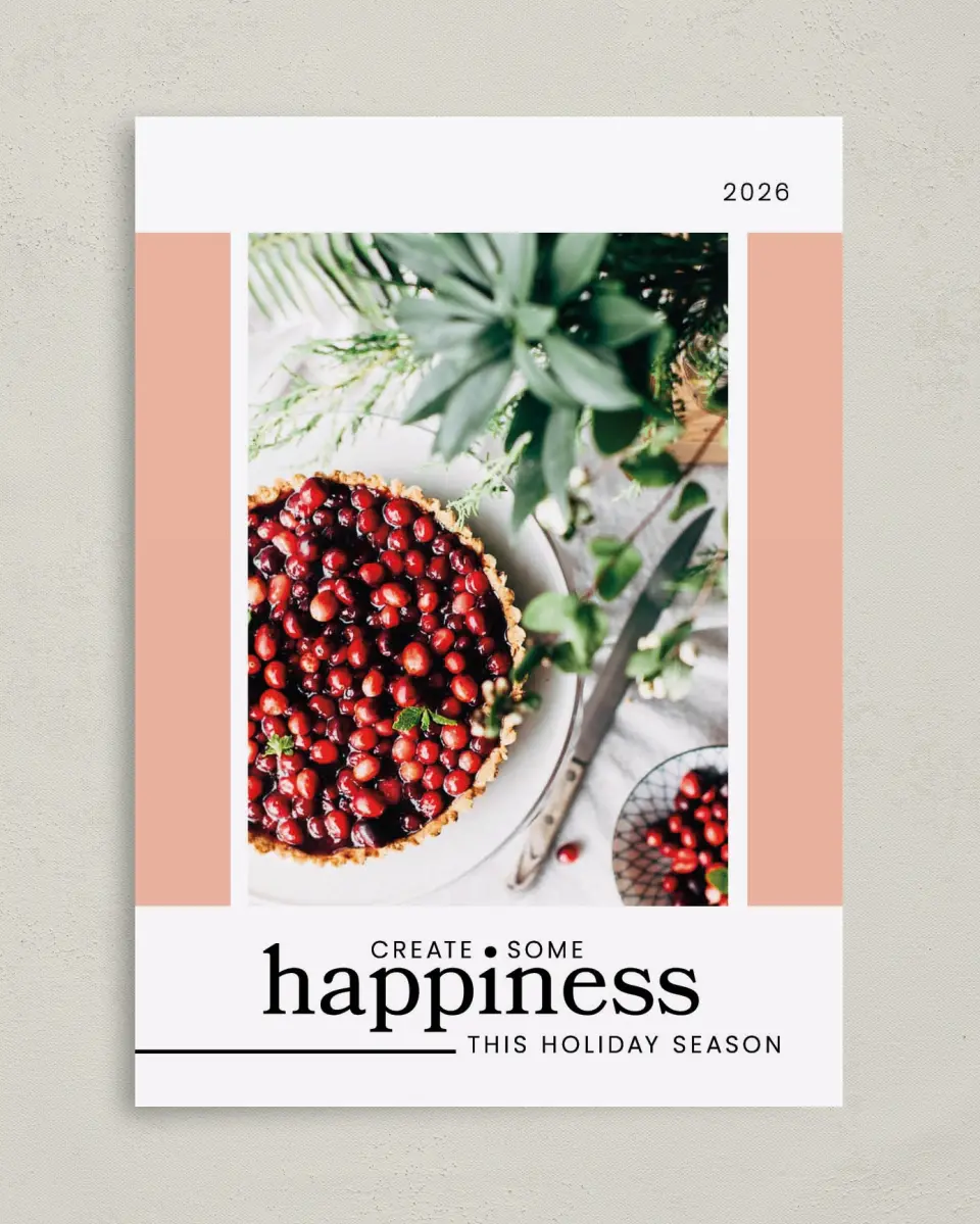 This is a 5" x 7" Christmas Card called Simple Food printed in full color with Gold foil on Soft Suede (coated) paper