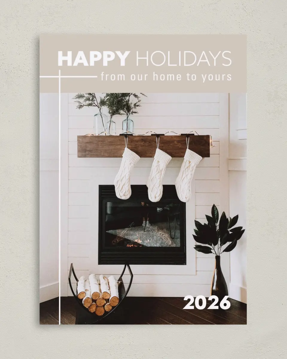 This is a 5" x 7" Christmas Card called Cozy Stockings printed in full color on Premium Smooth paper