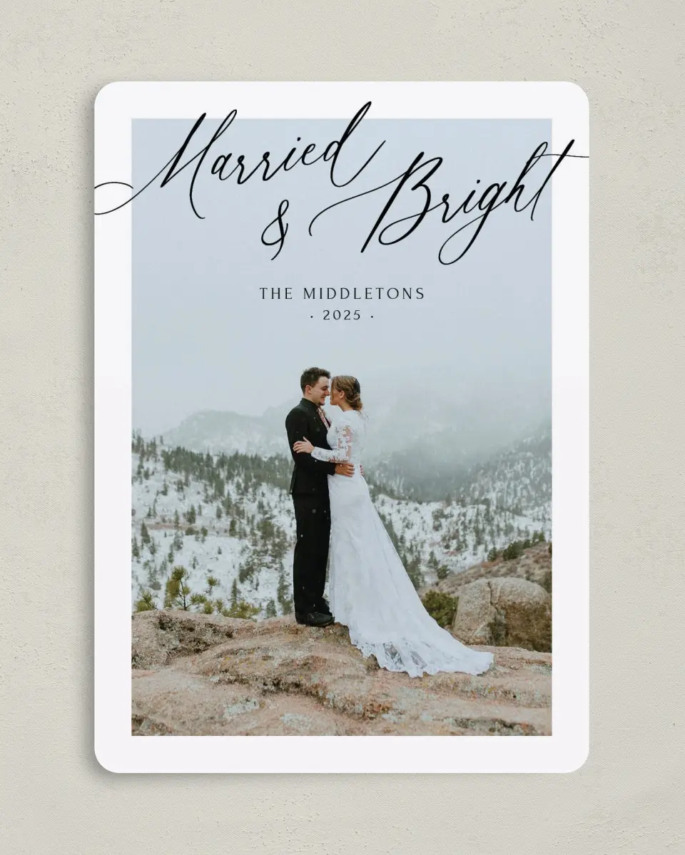 This is a 5" x 7" Christmas Card called Married & Bright printed in full color on Premium Smooth paper