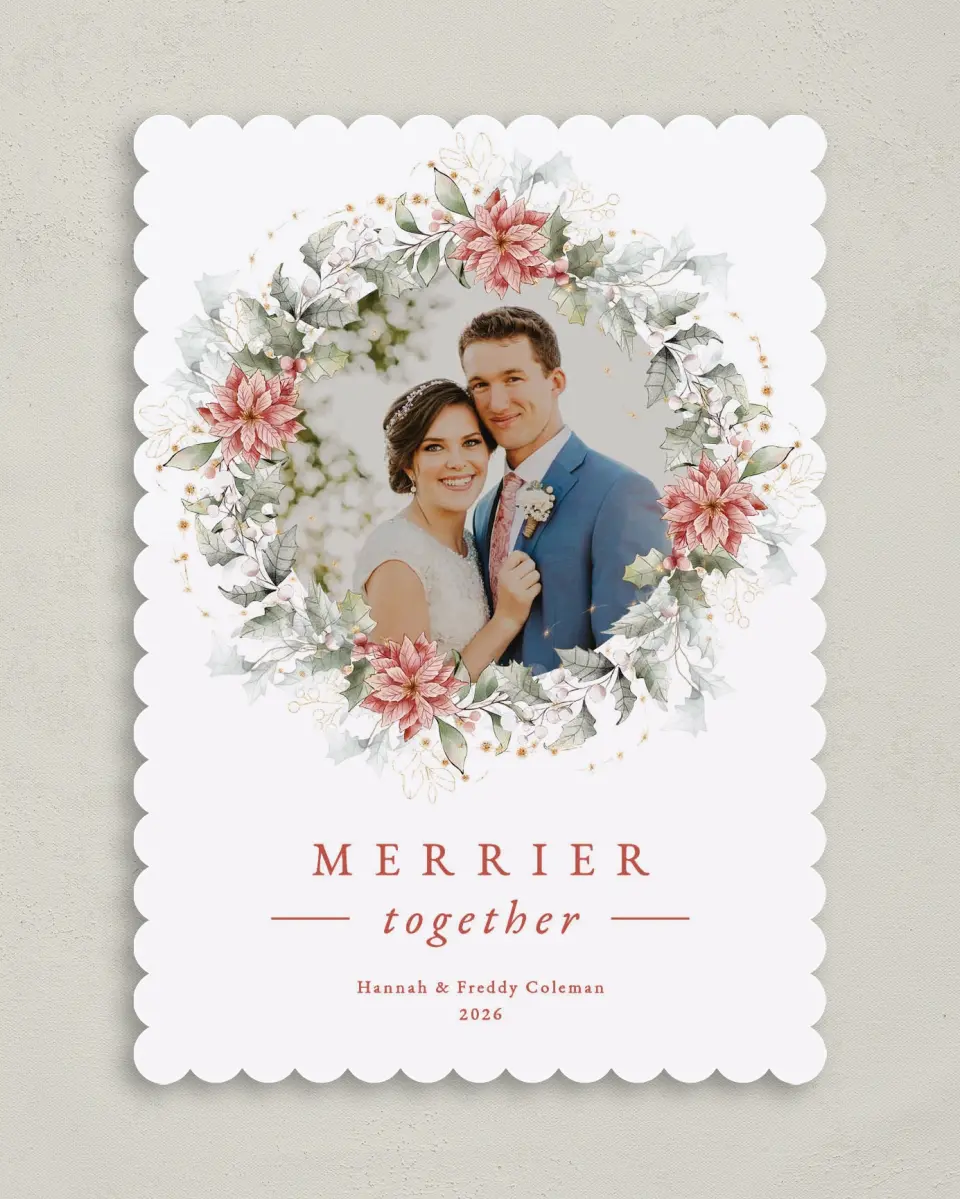This is a 5" x 7" Christmas Card called Poinsettia Wreath printed in full color on Premium Smooth paper on Premium Smooth paper on Premium Smooth paper