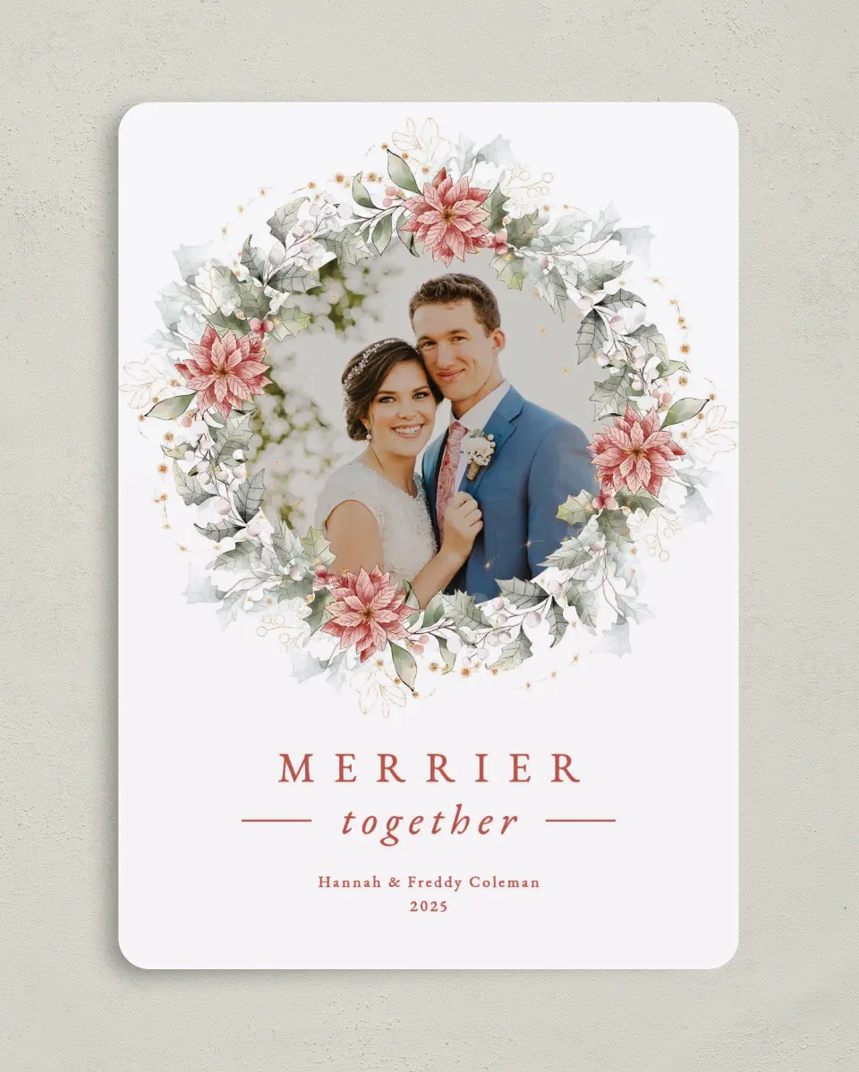 This is a 5" x 7" Christmas Card called Poinsettia Wreath printed in full color with Gold foil on Soft Suede (coated) paper