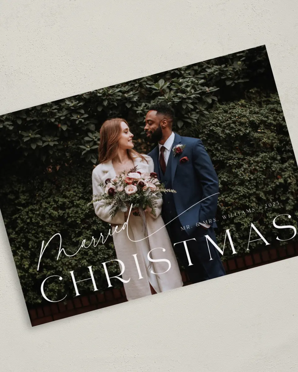 This is a 5" x 7" Christmas Card called Married Bliss printed in full color on Premium Smooth paper