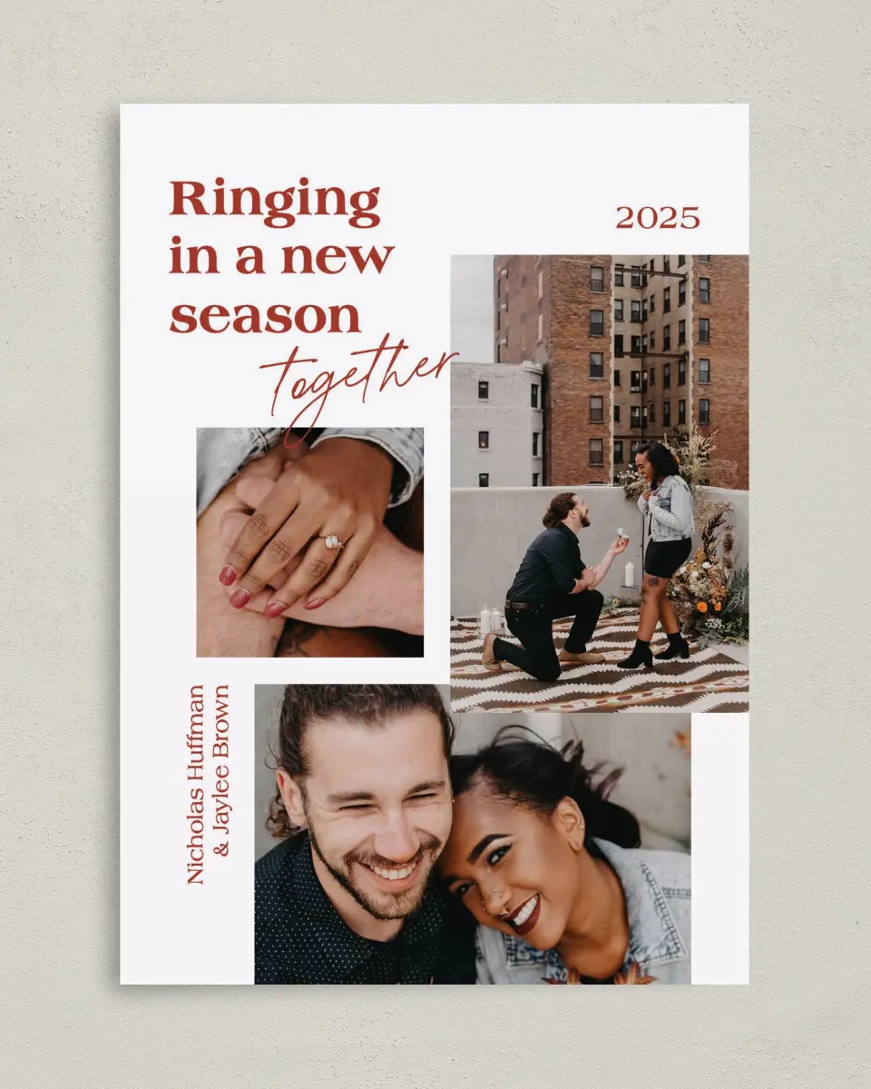 This is a 5" x 7" Christmas Card called Ringing Together printed in full color with Silver foil on Soft Suede (coated) paper