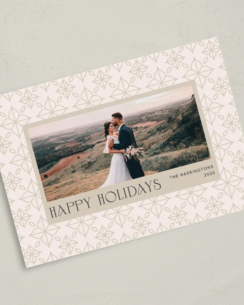 This is a 5" x 7" Christmas Card called Harmonius Holiday printed in full color with Gold foil on Soft Suede (coated) paper